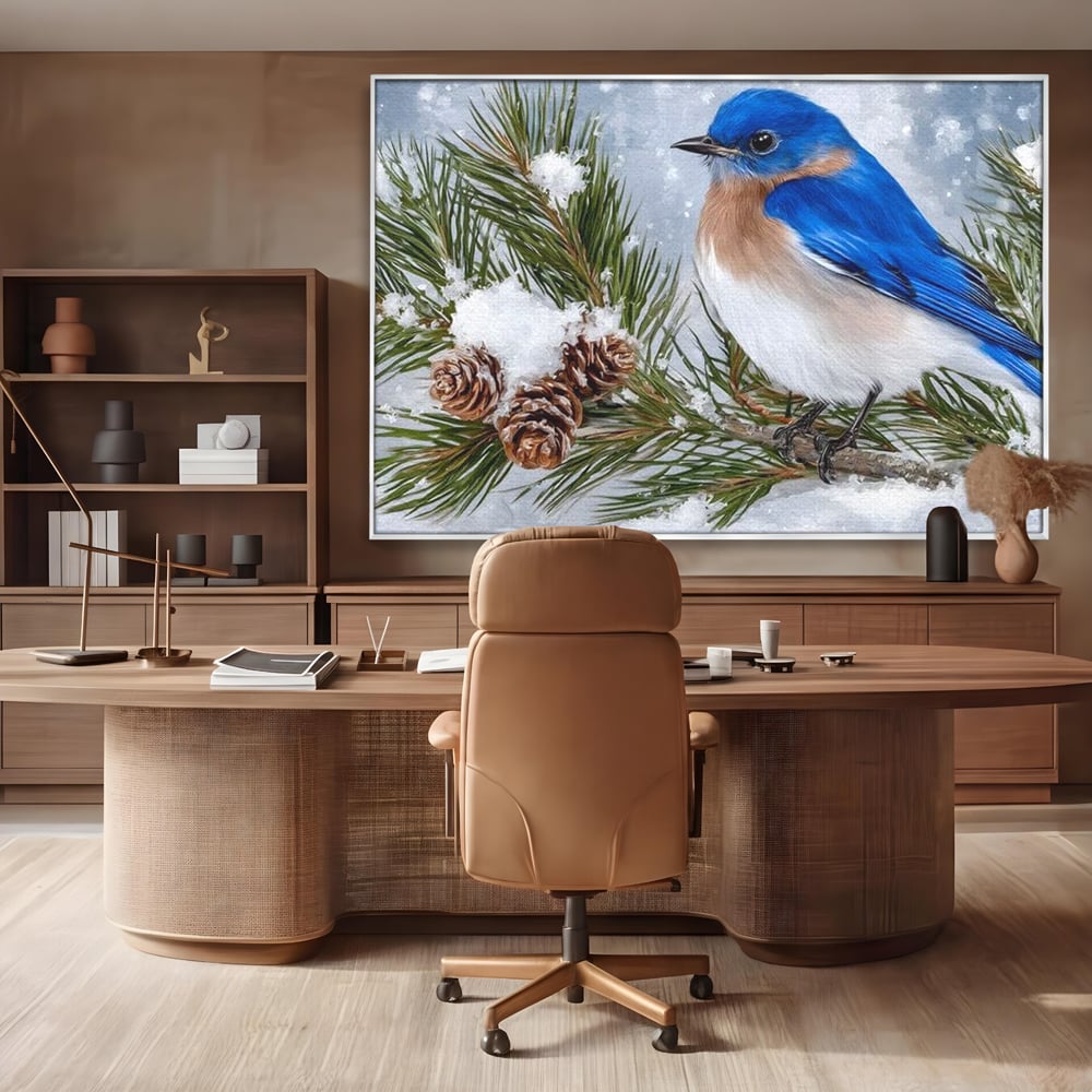 Tablou canvas cu tablou canvas cu pasare albastra pe ramura, in rama de aluminiu argintiu, pe perete intr-un birou